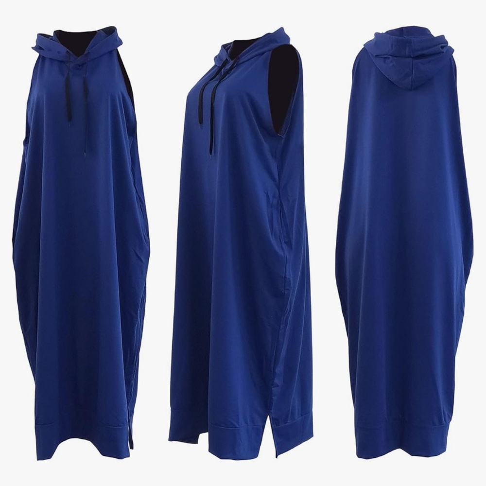 Blue Sleeveless Long Hooded Dress Pockets electric blue with black drawstring